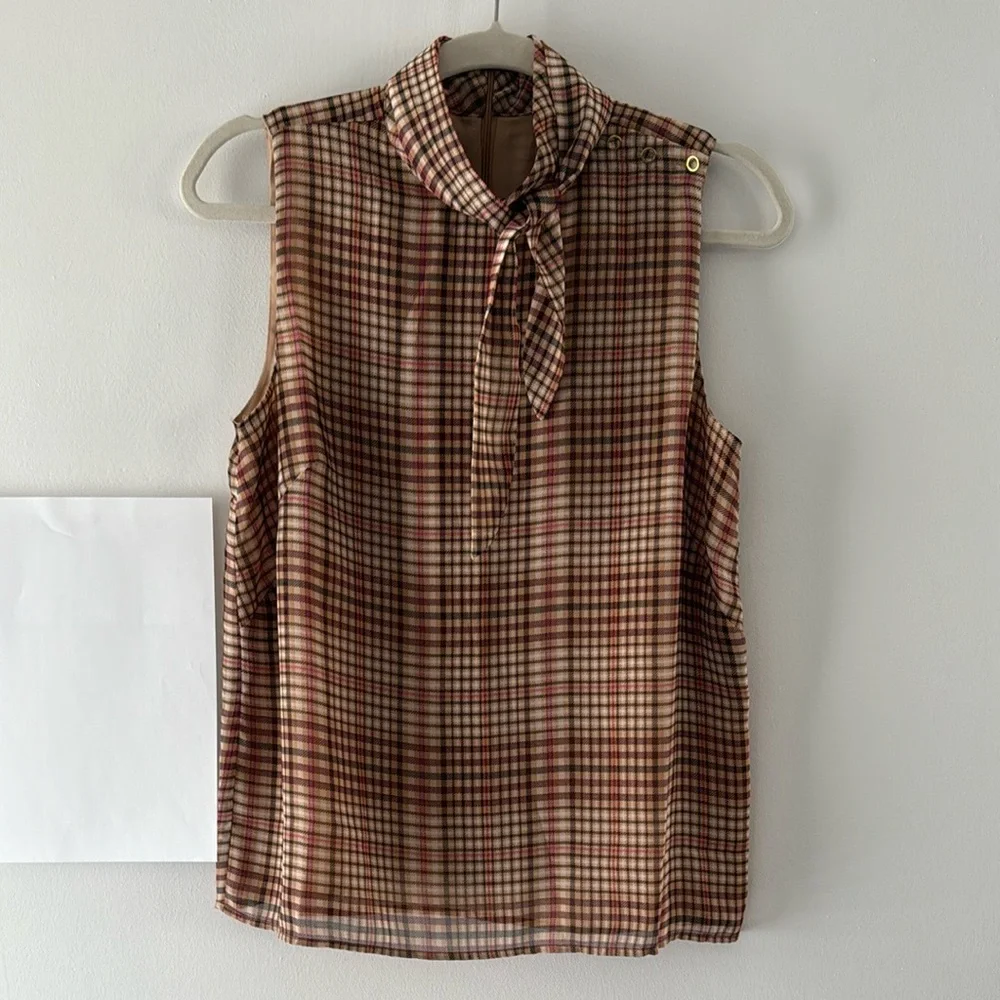 Ann Taylor Plaid Side Tie Mock Neck Shell - Picture 2 of 5